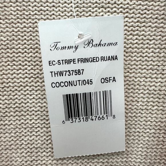 TOMMY BAHAMA | Stripe Fringed Wrap Shawl Tan Black Boho Cotton Cape | One Size - Picture 8 of 8